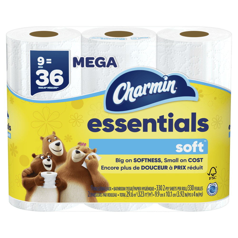 Charmin Essentials Soft Mega 2-Ply Toilet Paper Rolls, 4in x 4-1/2in, 330 Sheets Per Roll, White, Pack Of 9 Rolls