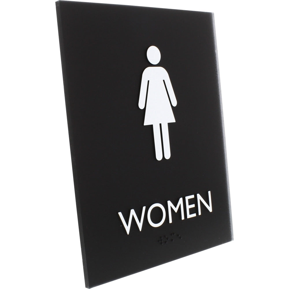 Lorell Womens Restroom Sign - 1 Each - Women Print/Message - 6.4in Width x 8.5in Height - Rectangular Shape - Surface-mountable - Easy Readability, Braille - Plastic - Black