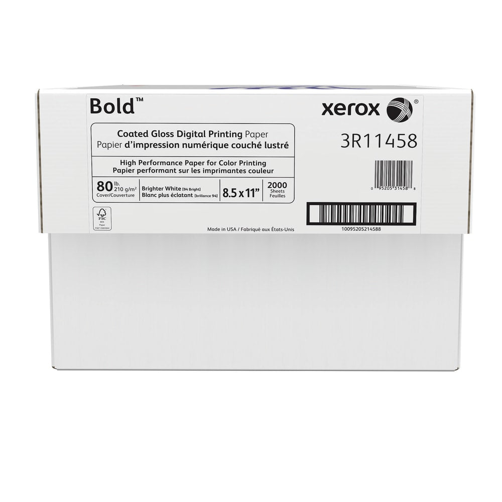 Xerox Bold Digital Coated Gloss Printing Paper, Letter Size (8 1/2in x 11in), 94 (U.S.) Brightness, 80 Lb Cover (210 gsm), FSC Certified, 250 Sheets Per Ream, Case Of 8 Reams