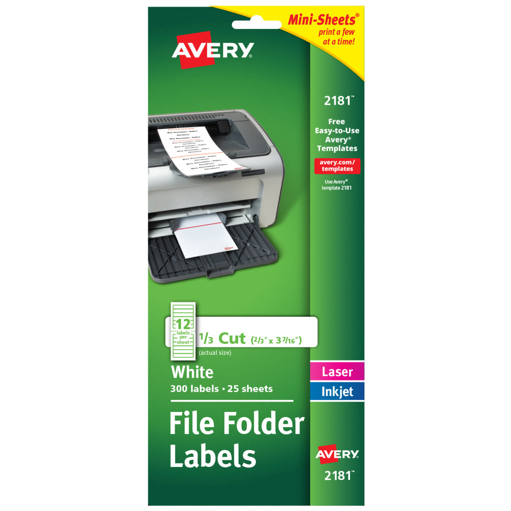 Avery Mini-Sheets File Folder Labels, 2181, Rectangle, 2/3in x 3-7/16in, White, Pack Of 300