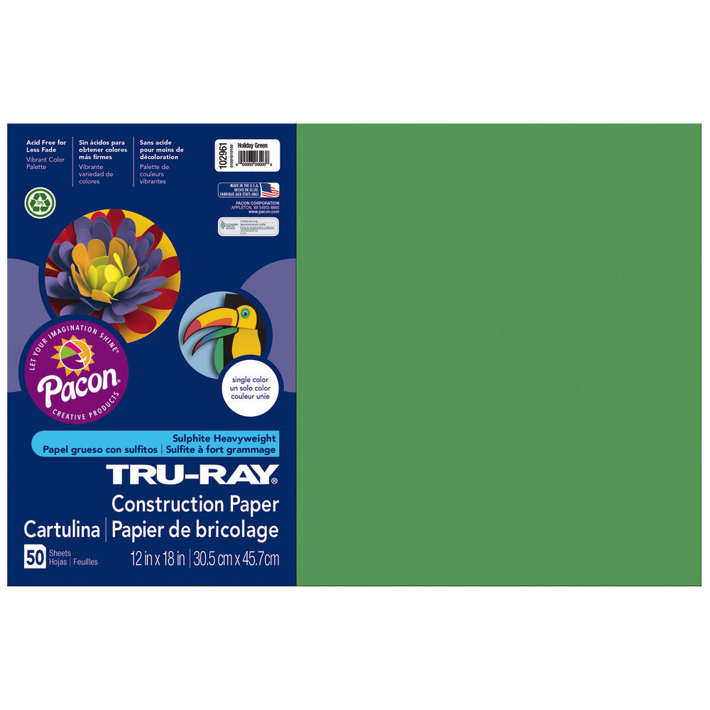 Tru-Ray Construction Paper, 50% Recycled, 12in x 18in, Holiday Green, Pack Of 50