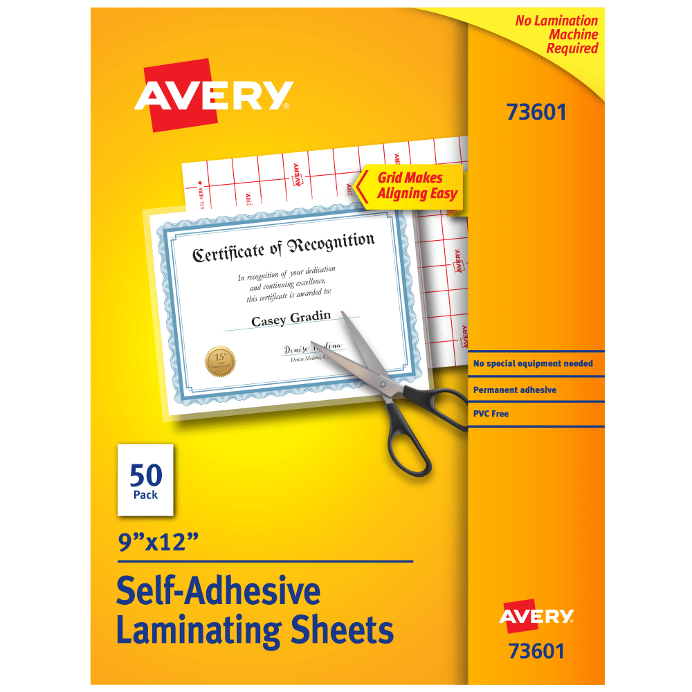 Avery Permanent Self-Adhesive Laminating Sheets, 9in x 12in, Clear, Pack Of 50