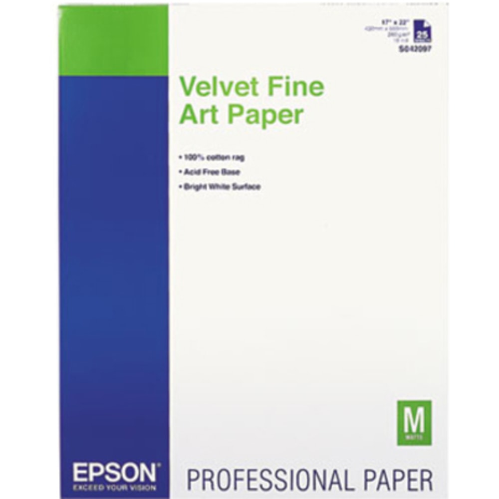 Epson 17in x 22in Velvet Fine Art Paper For Inkjet Printers, 25 Sheets