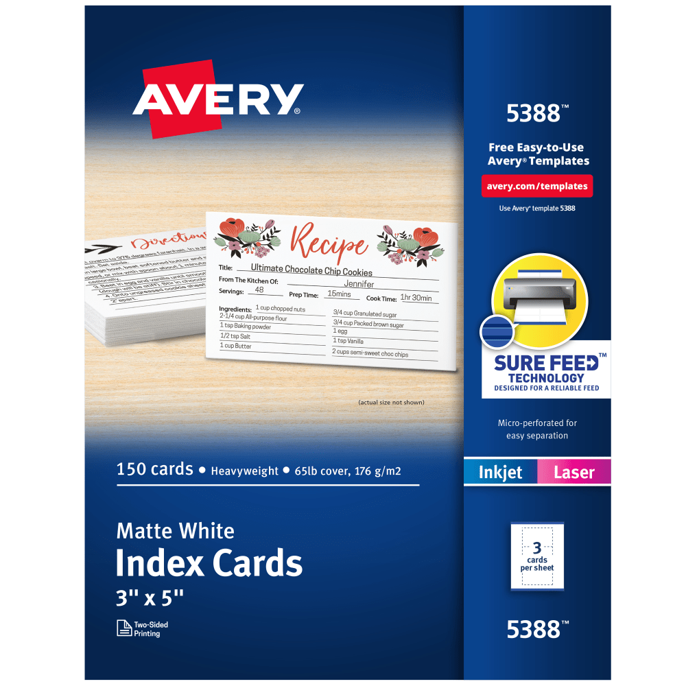 Avery Printable Index Cards With Sure Feed Technology, 3in x 5in, White, 150 Blank Index Cards