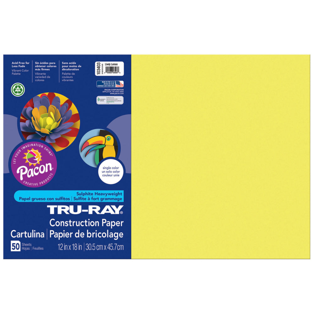 Tru-Ray Construction Paper, 12in x 18in, Lively Lemon, 50 Sheets Per Pack, Set Of 3 Packs