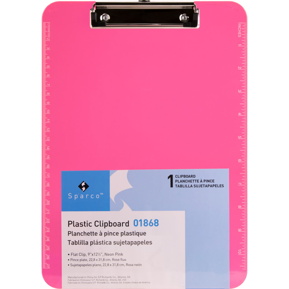 Business Source Flat Clip Plastic Clipboard - 9in x 12in - Plastic - Neon Pink - 6 / Bundle