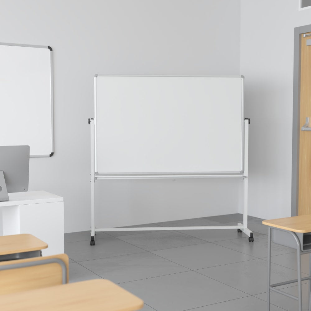 Flash Furniture Mobile Reversible Magnetic Dry-Erase Whiteboard, 64 3/4in x 64 1/4in, Aluminum Frame With Silver Finish