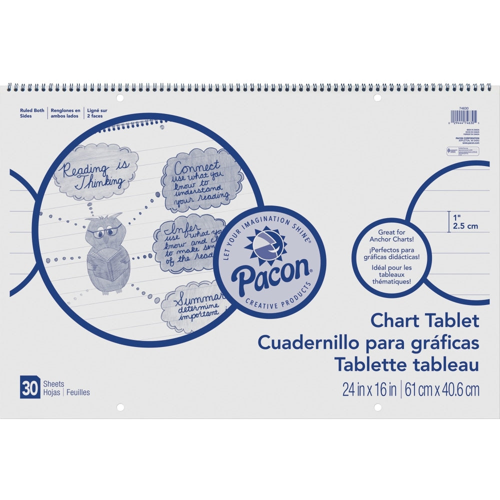 Pacon Ruled Chart Tablet - 30 Sheets - Spiral Bound - Ruled - 1in Ruled - 24in x 16in - White Paper - Stiff Cover - Sturdy Back, Recyclable, Dual Sided - 1 / Each