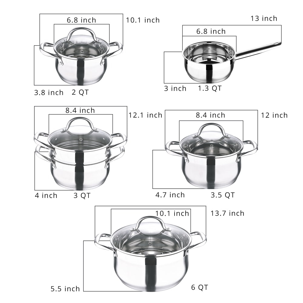 Bergner Stainless-Steel Induction-Ready 10-Piece Cookware Set, Stainless Steel