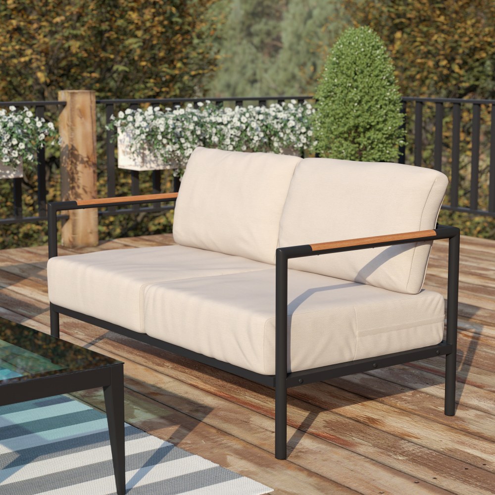 Flash Furniture Lea Indoor/Outdoor Patio Loveseat With Teak Accent Arms, Beige/Black