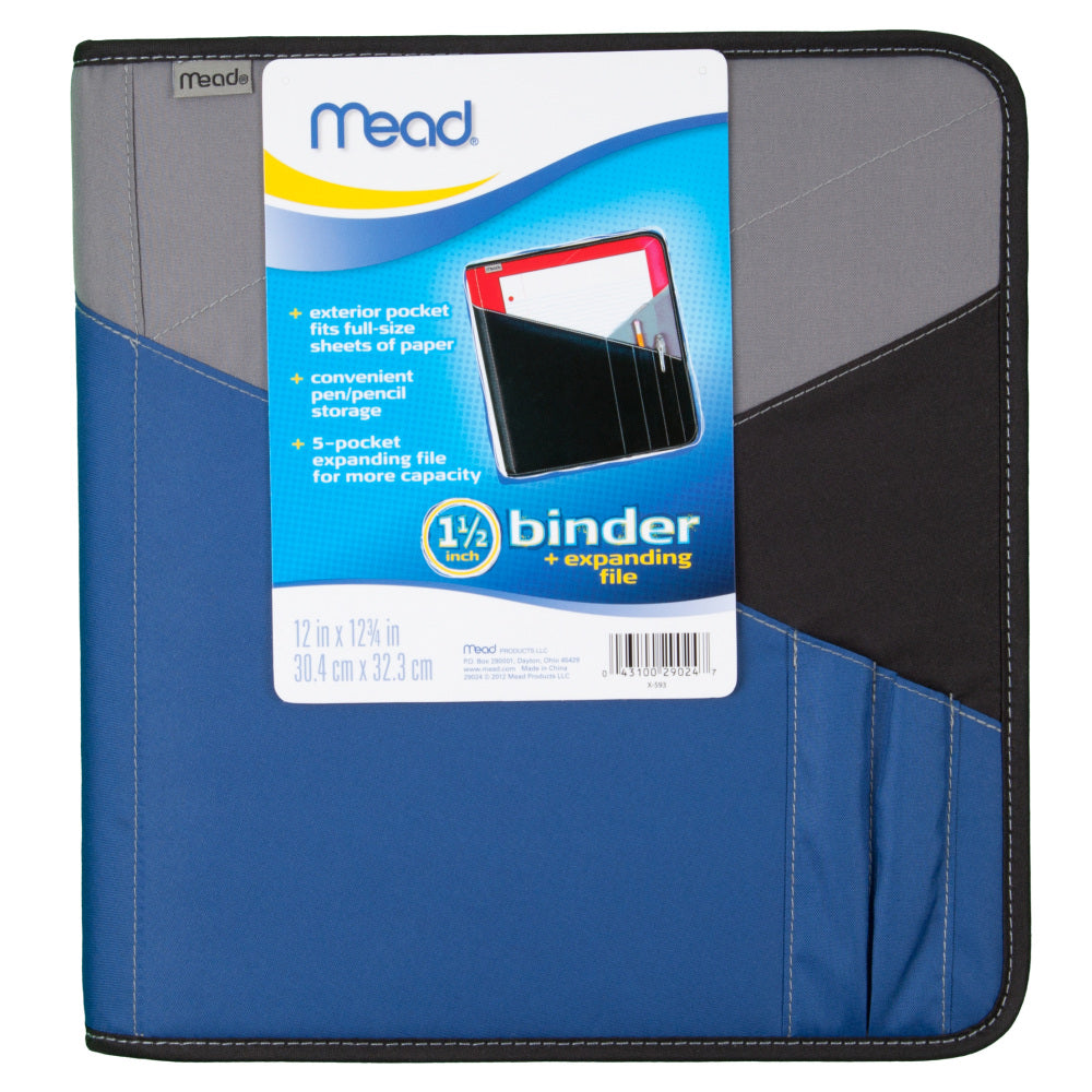 Mead Zipper 3-Ring Binder With Expanding File, 1 1/2in Round Rings, Assorted Colors