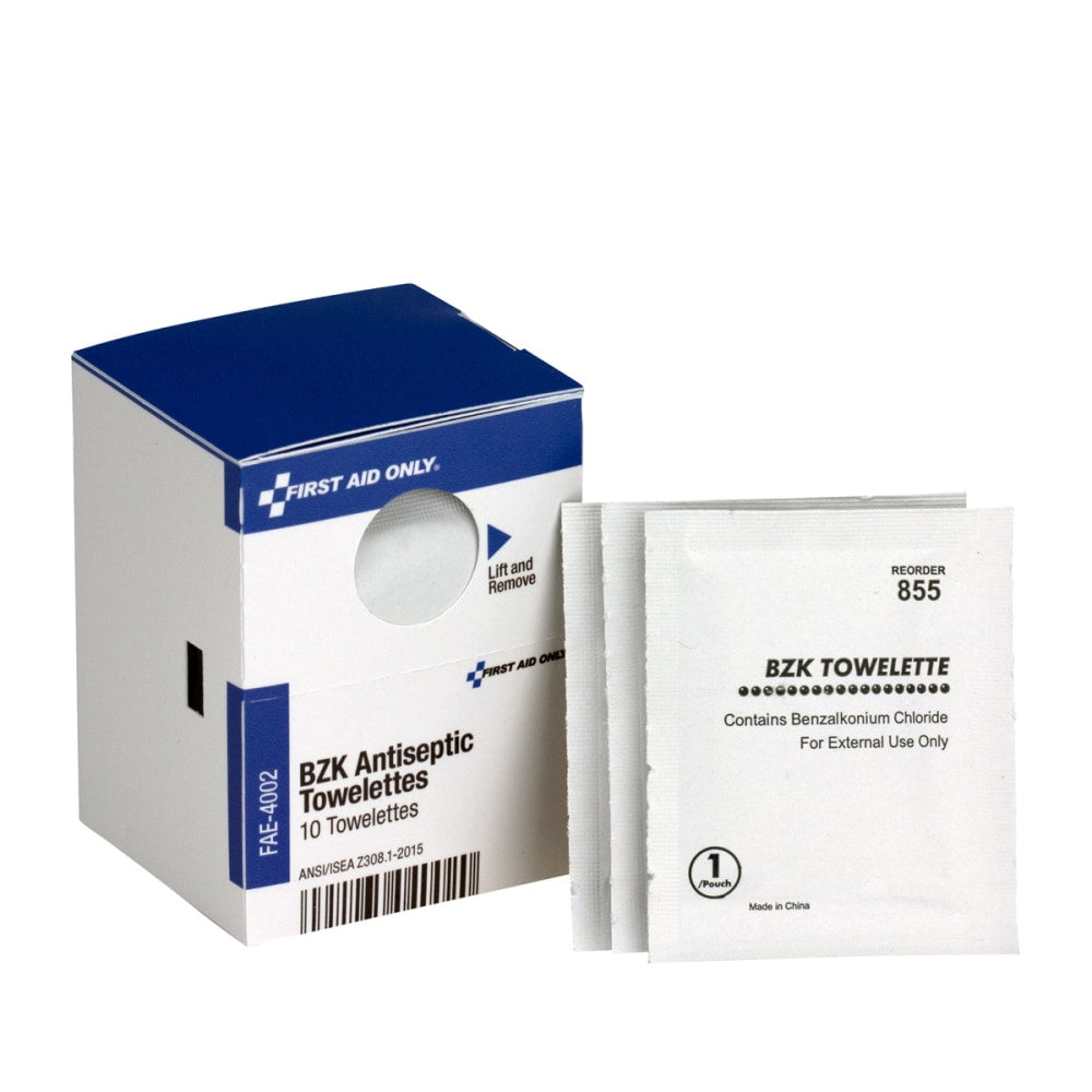 First Aid Only BZK Antiseptic Towelettes - 4.75in x 7.75in - 10/Box - White