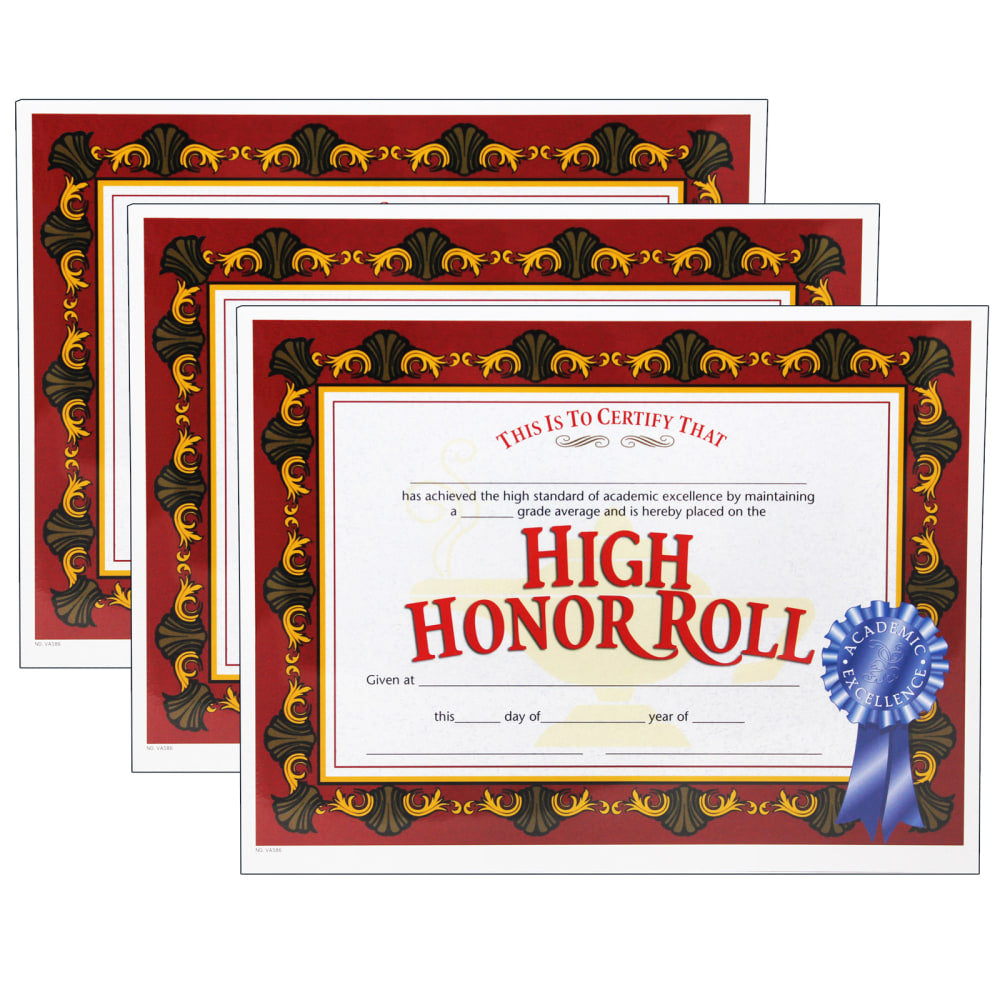 Hayes Certificates, 8-1/2in x 11in, High Honor Roll, Red, 30 Certificates Per Pack, Set Of 3 Packs