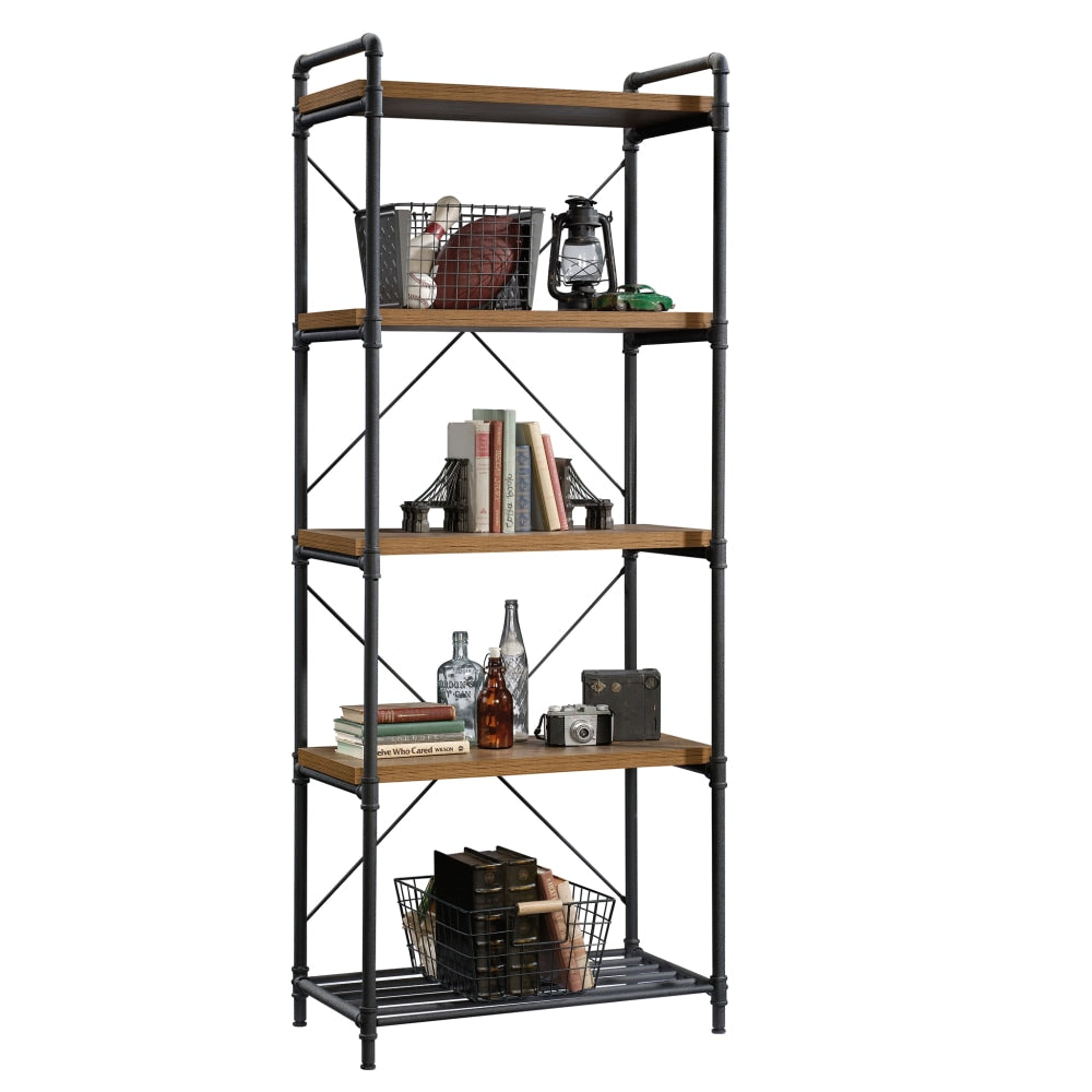 Sauder Iron City 76inH 5-Shelf Bookcase, Checkered Oak/Dark Industrial