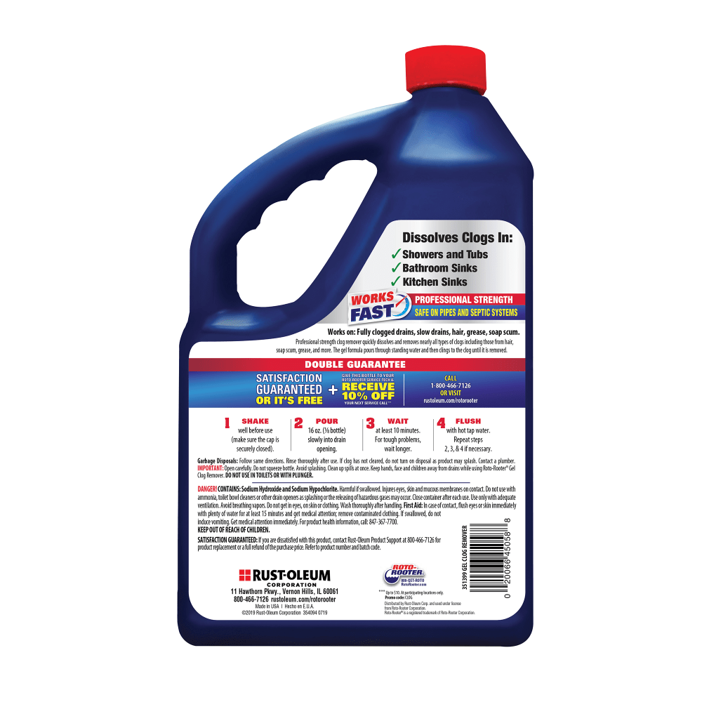 Rust-Oleum Roto Rooter Gel Clog Remover, 1 Gallon, Case Of 4 Bottles