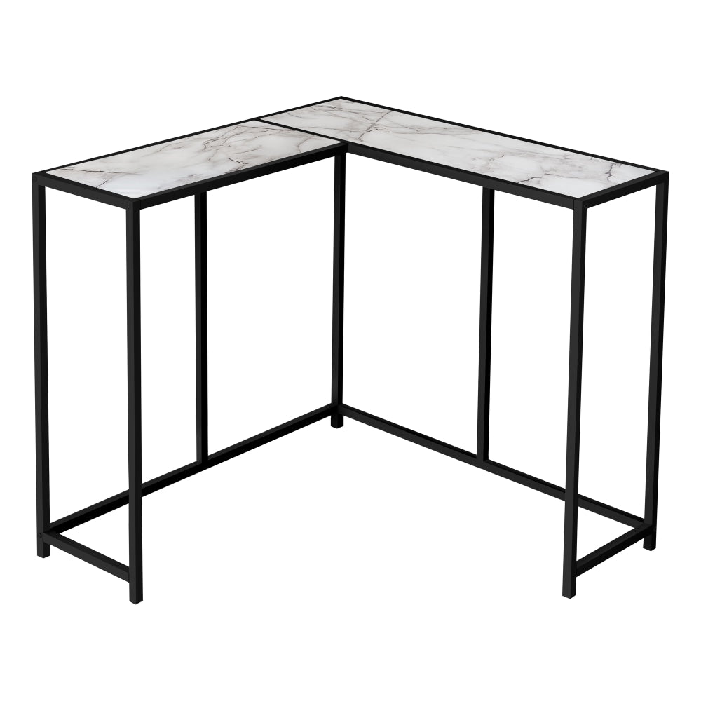 Monarch Specialties Jan L-Shaped Metal Console Table, 32inH x 36inW x 36inD, White Marble/Black