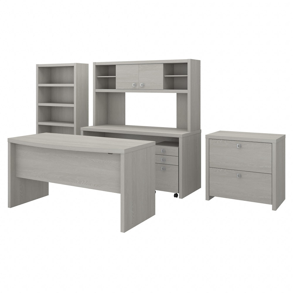 Bush Business Furniture Echo 60inW Bow-Front Computer Desk, Credenza With Hutch, Bookcase And File Cabinets, Gray Sand, Standard Delivery