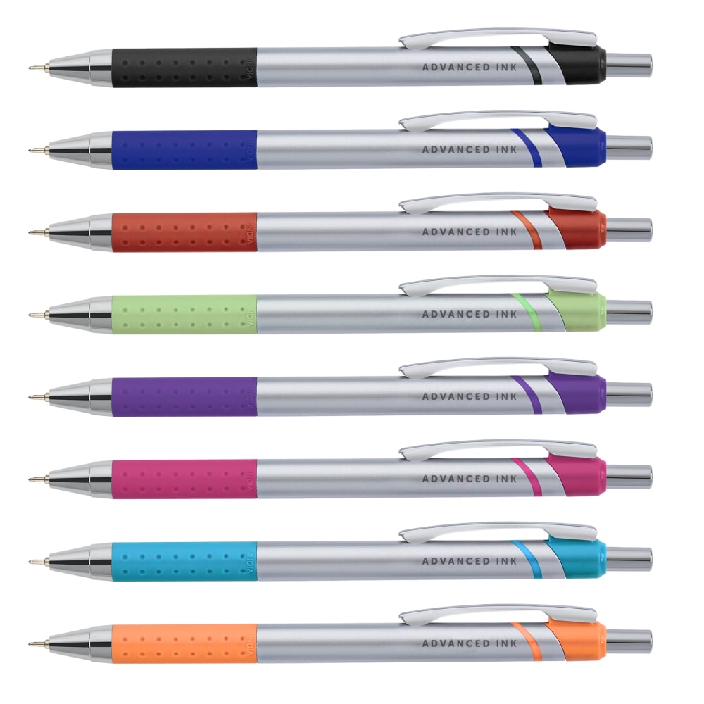 Office Depot Brand Advanced Ink Retractable Ballpoint Pens, Needle Point, 0.7 mm, Assorted Barrels, Assorted Ink Colors, Pack Of 8