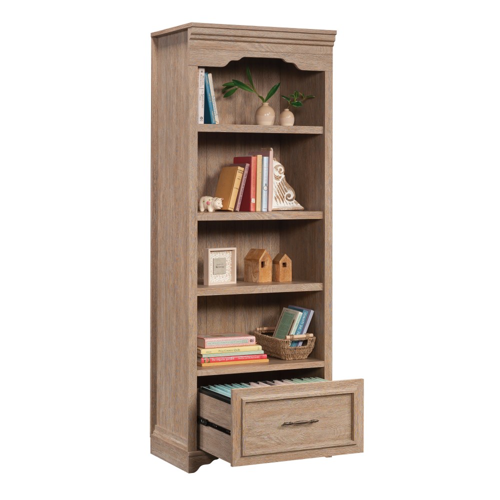 Sauder Rollingwood Country 72inH 4-Shelf Bookcase With Filing Drawer, Brushed Oak