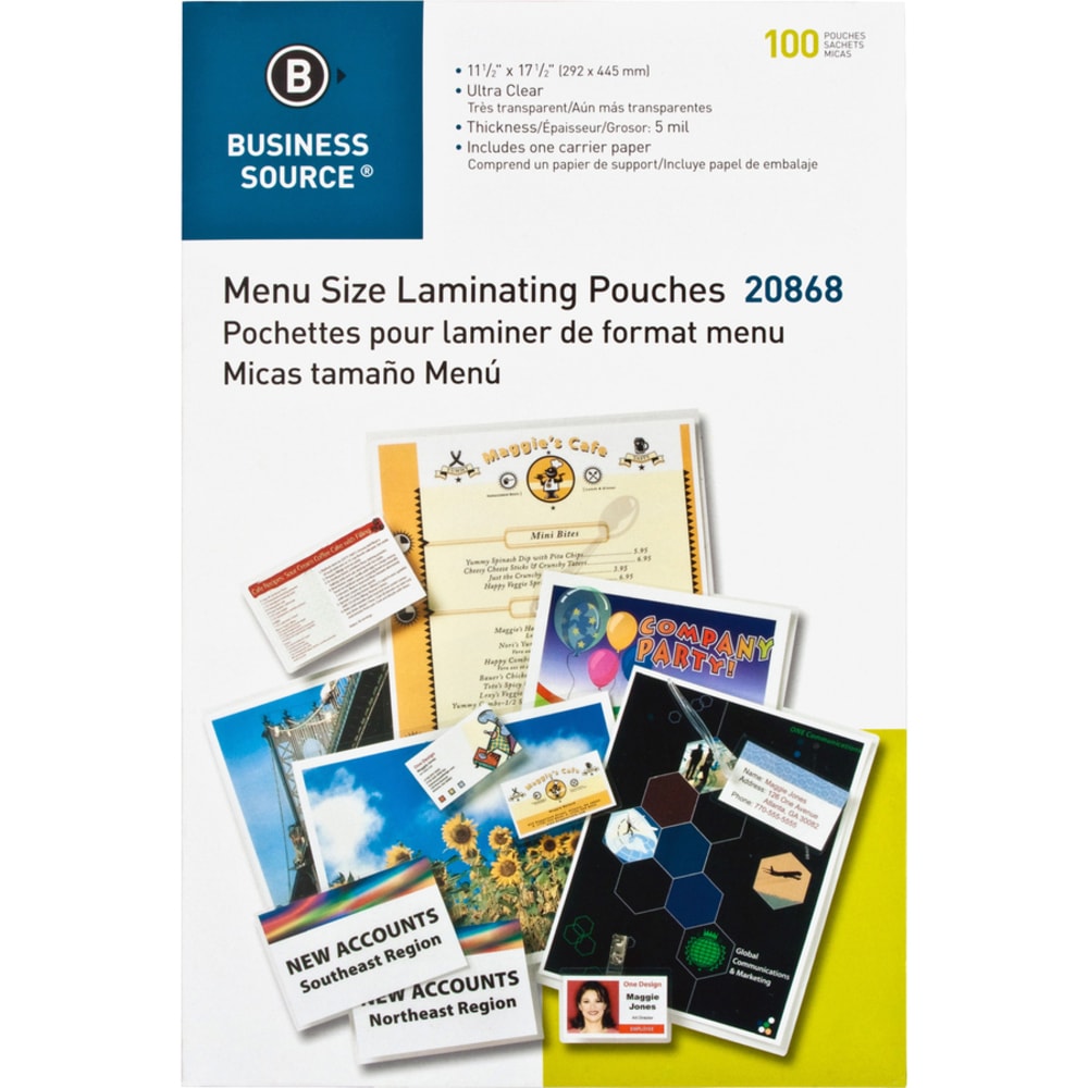 Business Source 5 mil Menu Laminating Pouches - Laminating Pouch/Sheet Size: 11.50in Width x 17.50in Length x 5 mil Thickness - for Menu, Document, Photo, Recipe Card - Clear - 100 / Box