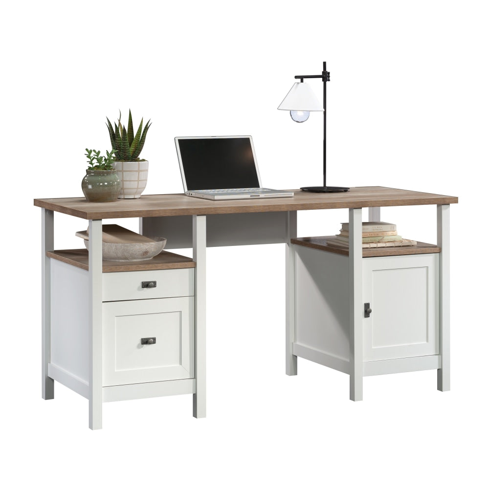 Sauder Cottage Road 60inW Double-Pedestal Computer Desk With Open Shelf, White/Lintel Oak