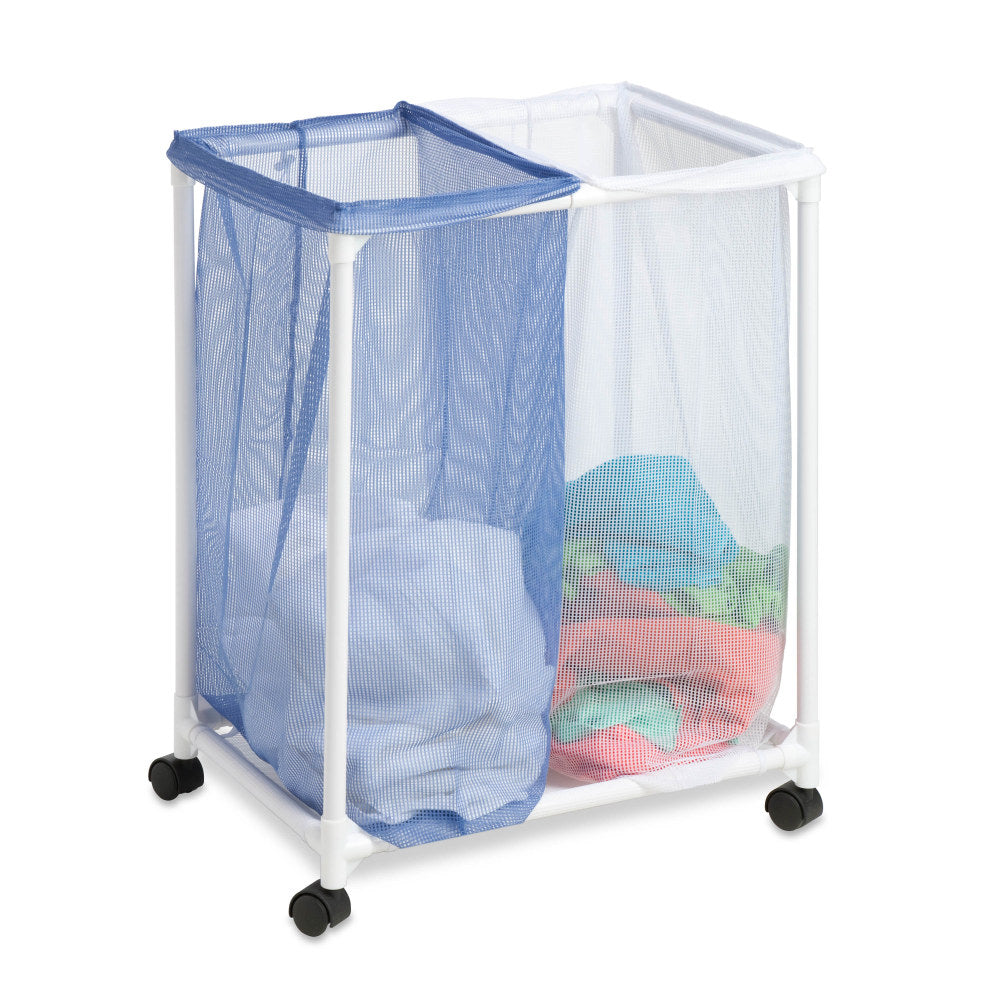 Honey-Can-Do 2-Bag Rolling Hamper, 29in x 16in x 22in, Blue/White