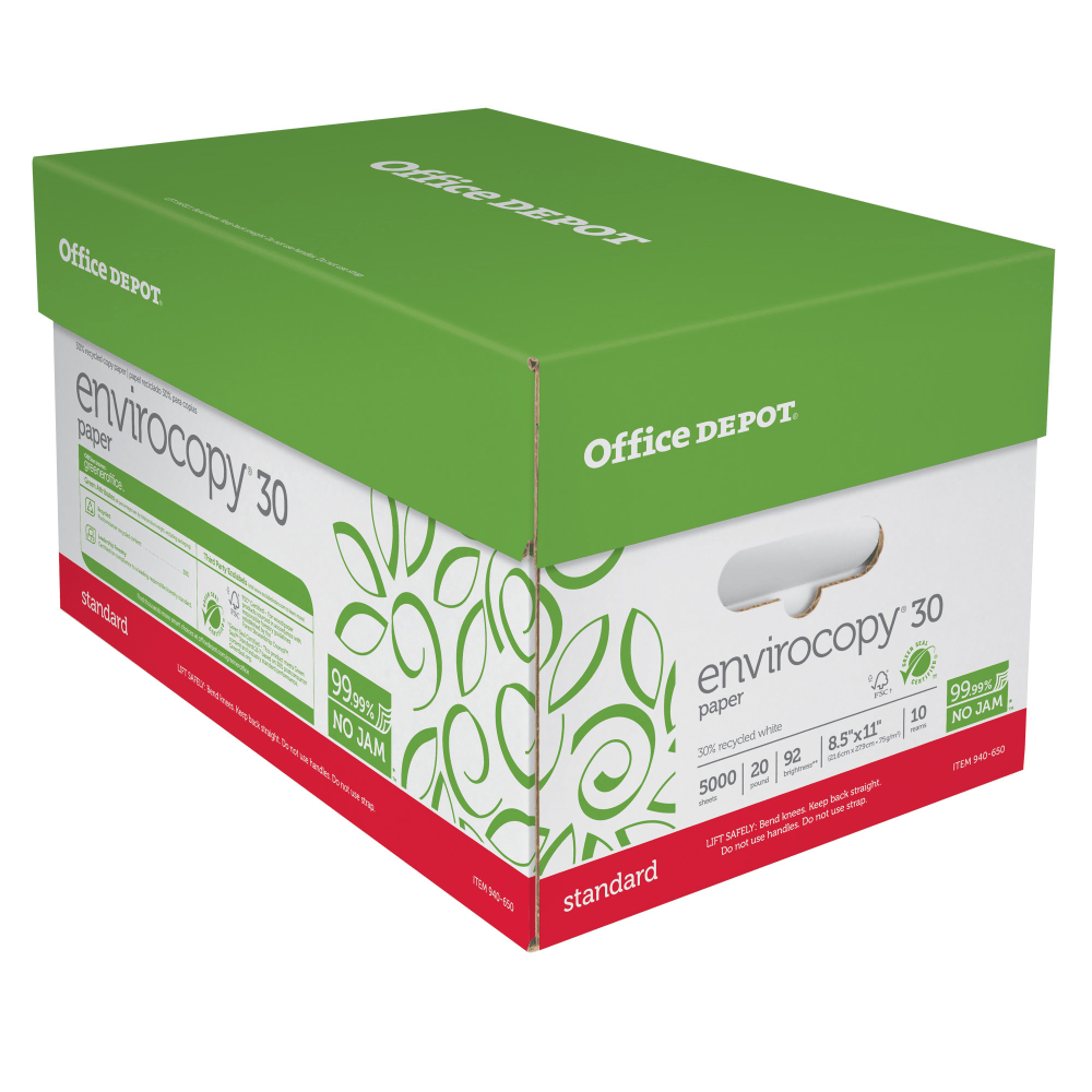 Office Depot EnviroCopy Copy Paper, White, Letter (8.5in x 11in), 5000 Sheets Per Case, 20 Lb, 30% Recycled, FSC Certified, 651001OD, Case Of 10 Reams