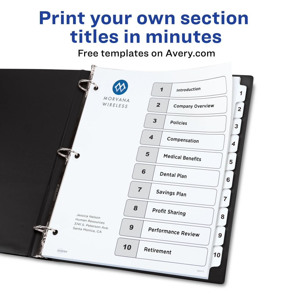 Avery Ready Index 1-10 Tab With Customizable Table Of Contents Dividers, Letter Size, 10 Tab, White, 1 Set