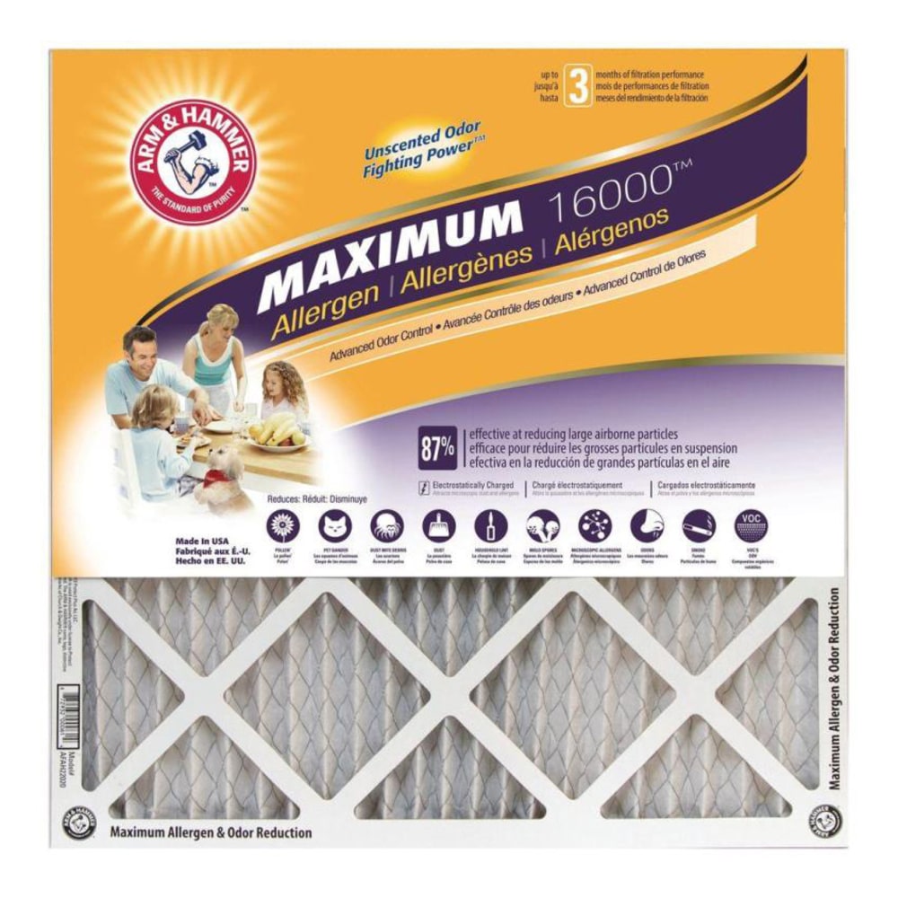 Arm & Hammer Maximum Allergen & Odor Reduction Air Filters, 24inH x 24inW x 1inD, Pack Of 4 Air Filters