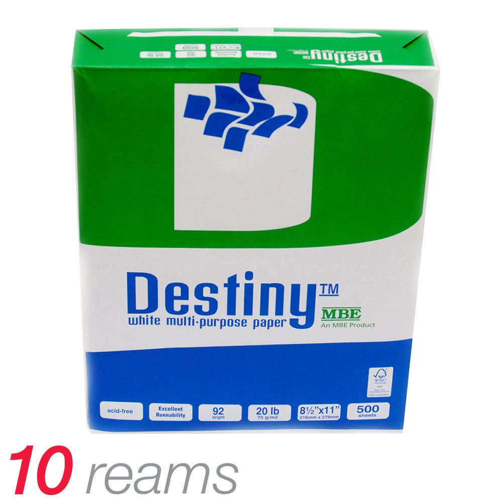 Destiny Multi-Use Printer & Copy Paper, White, Letter (8.5in x 11in), 5000 Sheets Per Case, 20 Lb, 92 Brightness, Case Of 10 Reams