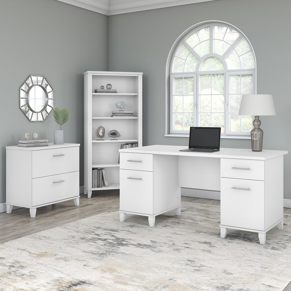 Bush Furniture 60inW Office Computer Desk With Lateral File Cabinet And 5-Shelf Bookcase, White, Standard Delivery