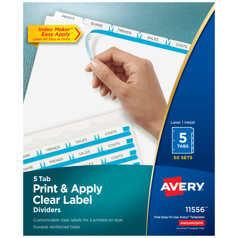 Avery Customizable Index Maker Dividers for 3 Ring Binder, Easy Print & Apply Clear Label Strip, 5 Tab, White, Box Of 50 Sets