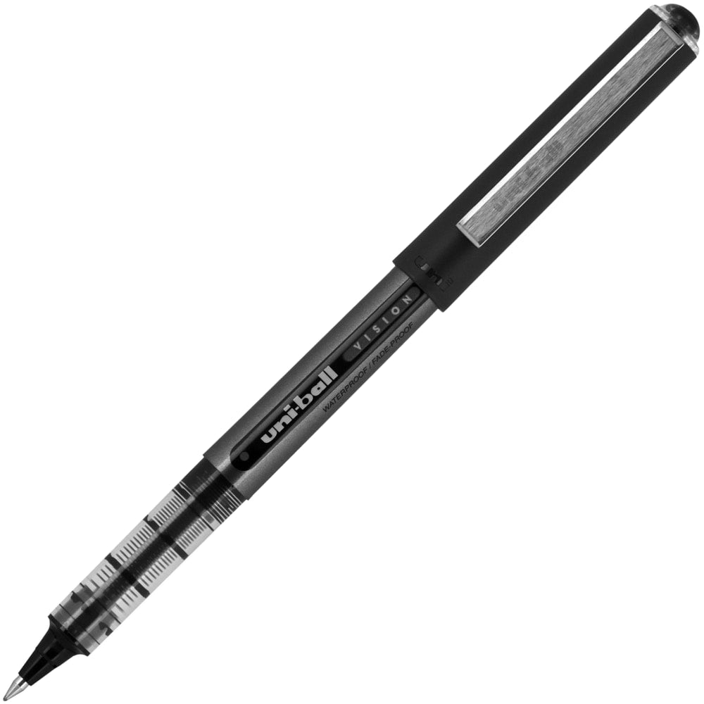 uni-ball Vision Rollerball Pens, Micro Point, 0.5 mm, Black Barrel, Black Ink, Pack Of 12