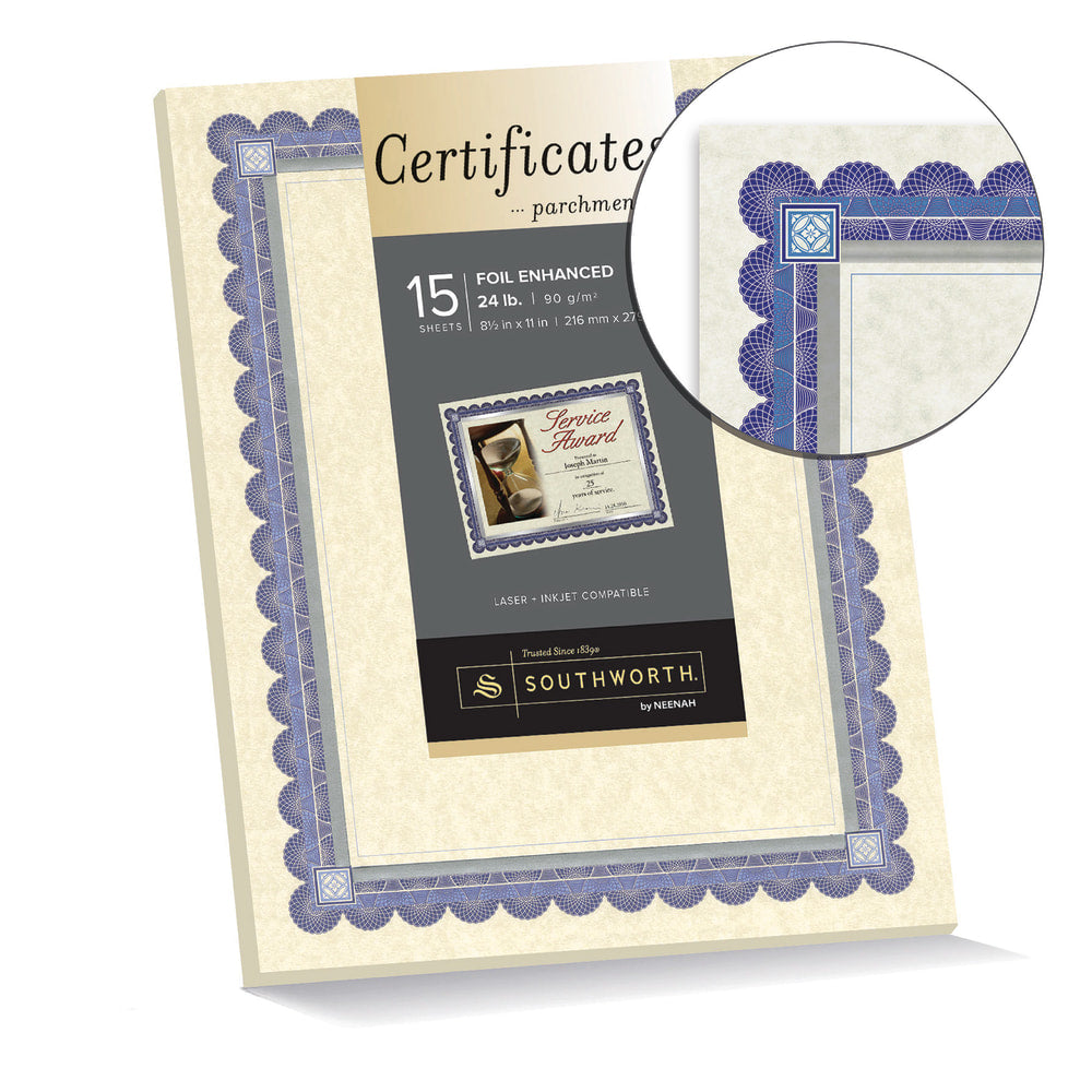 Southworth Foil Enhanced Preprinted Certificate Refills, 8 1/2in x 11in, Ivory/Silver/Blue, Pack Of 15