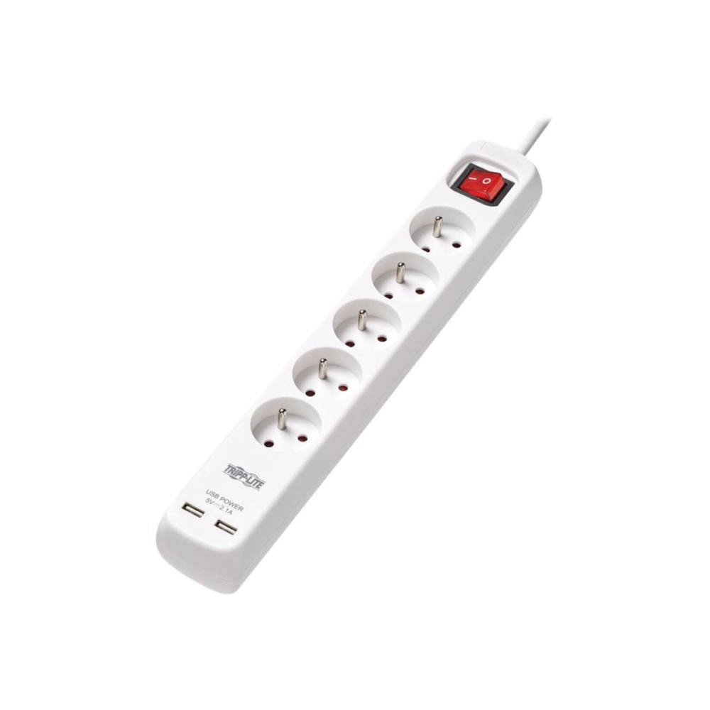 Tripp Lite 5-Outlet Power Strip with USB Charging - French Type E Outlets, 220-250V, 16A, 3 m Cord, Type E Plug, White - Power strip - 16 A - AC 230 V - input: Type E - output connectors: 5 (2 x USB, 5 x Type E) - 10 ft cord - Belgium, France - white