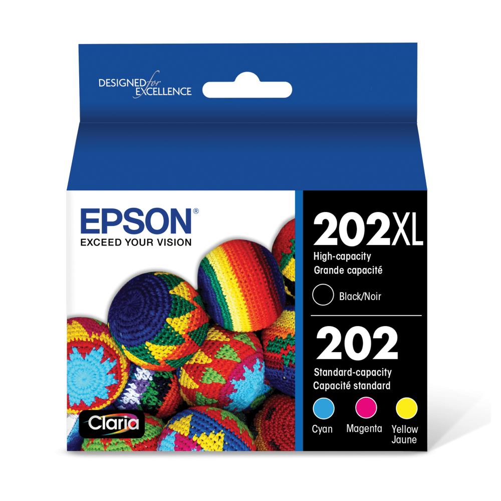 Epson 202XL Black/202 Claria Cyan; Magenta; Yellow High-Yield Ink Cartridges, Pack Of 4, T202XL-BCS