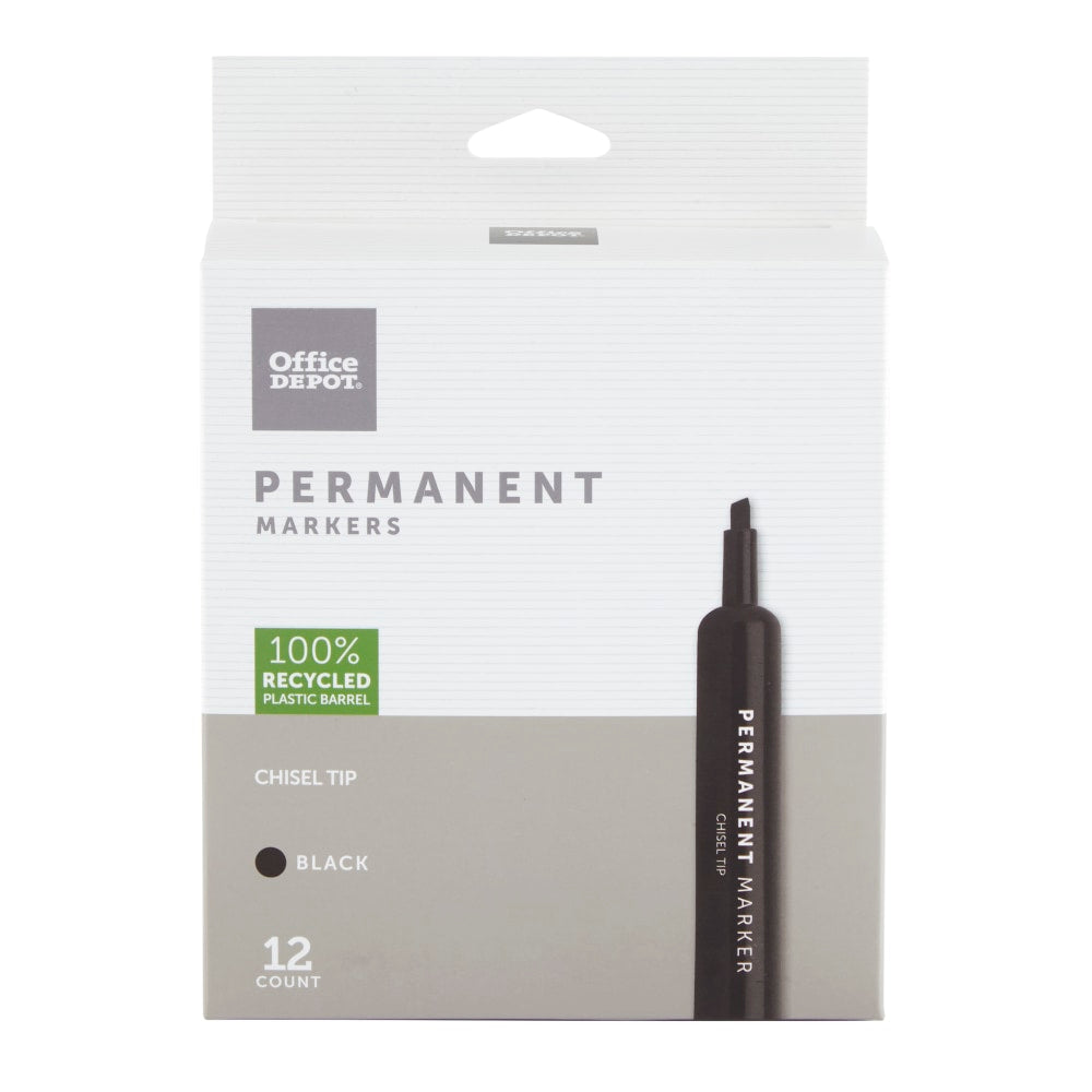 Office Depot Brand Permanent Markers, Chisel Point, 100% Recycled Plastic Barrel, Black Ink, Pack Of 12