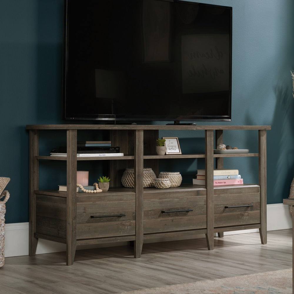 Sauder Summit Station Credenza Entertainment Center For 60in TVs, 29inH x 58-1/2inW x 17-1/2inD, Pebble Pine