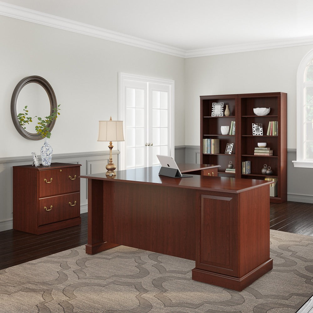 Bush Business Furniture Saratoga 66inW L-Shaped Corner Desk With Lateral File Cabinet And Two 5-Shelf Bookcases, Harvest Cherry, Standard Delivery