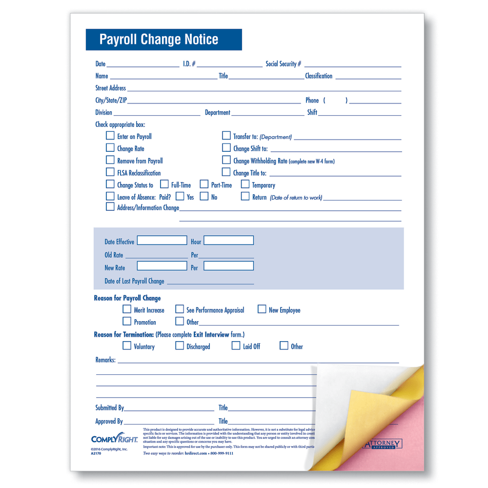 ComplyRight Payroll Change Notice Forms, 3-Part, 8 1/2in x 11in, White, Pack Of 50