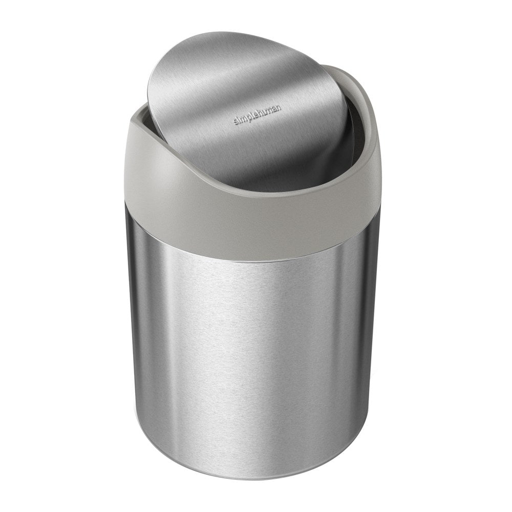 simplehuman Mini Round Steel Trash Can, 7-3/8inH x 5inW x 5inD, 1.6 Qt, Stainless Steel