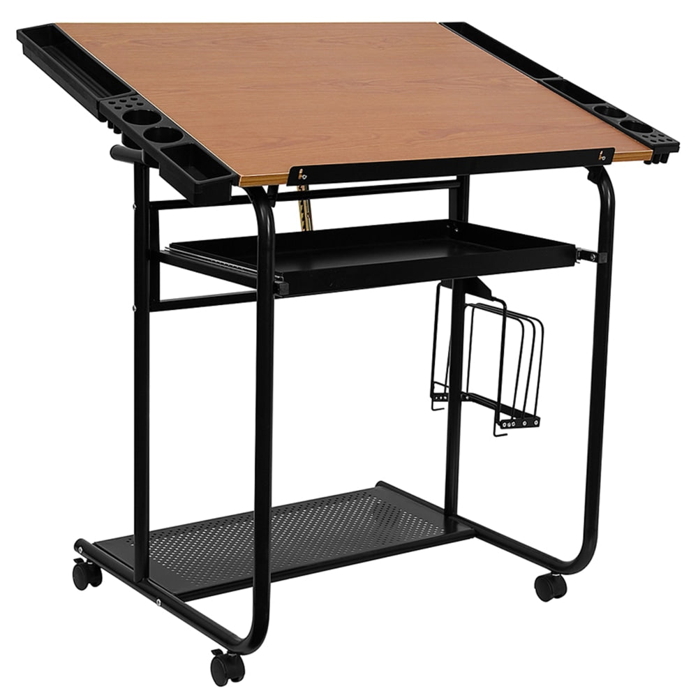 Flash Furniture Adjustable Drawing And Drafting Table, 31-1/4inH x 35-1/4inW x 23-3/4inD, Cherry/Black