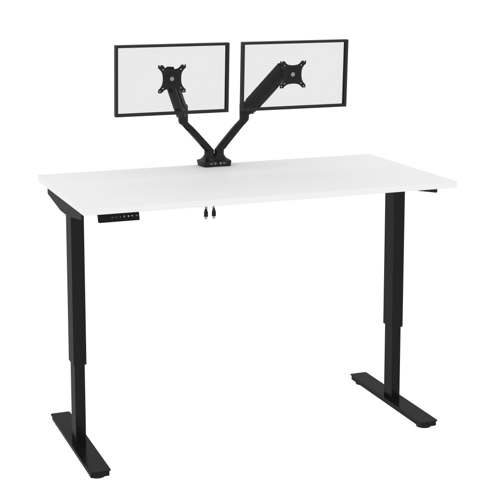 Bestar Universel Electric 60inW Standing Desk With Dual Monitor Arm, White