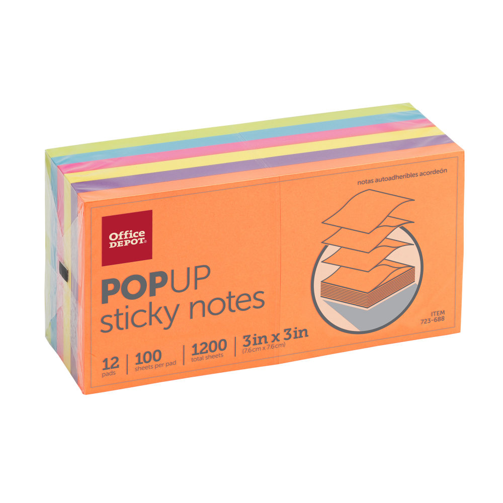 Office Depot Brand Pop Up Sticky Notes, 3in x 3in, Assorted Vivid Colors, 100 Sheets Per Pad, Pack Of 12 Pads