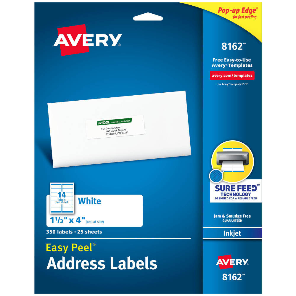 Avery Easy Peel Address Labels With Sure Feed Technology, 8162, Rectangle, 1-1/3in x 4in, White, Pack Of 350