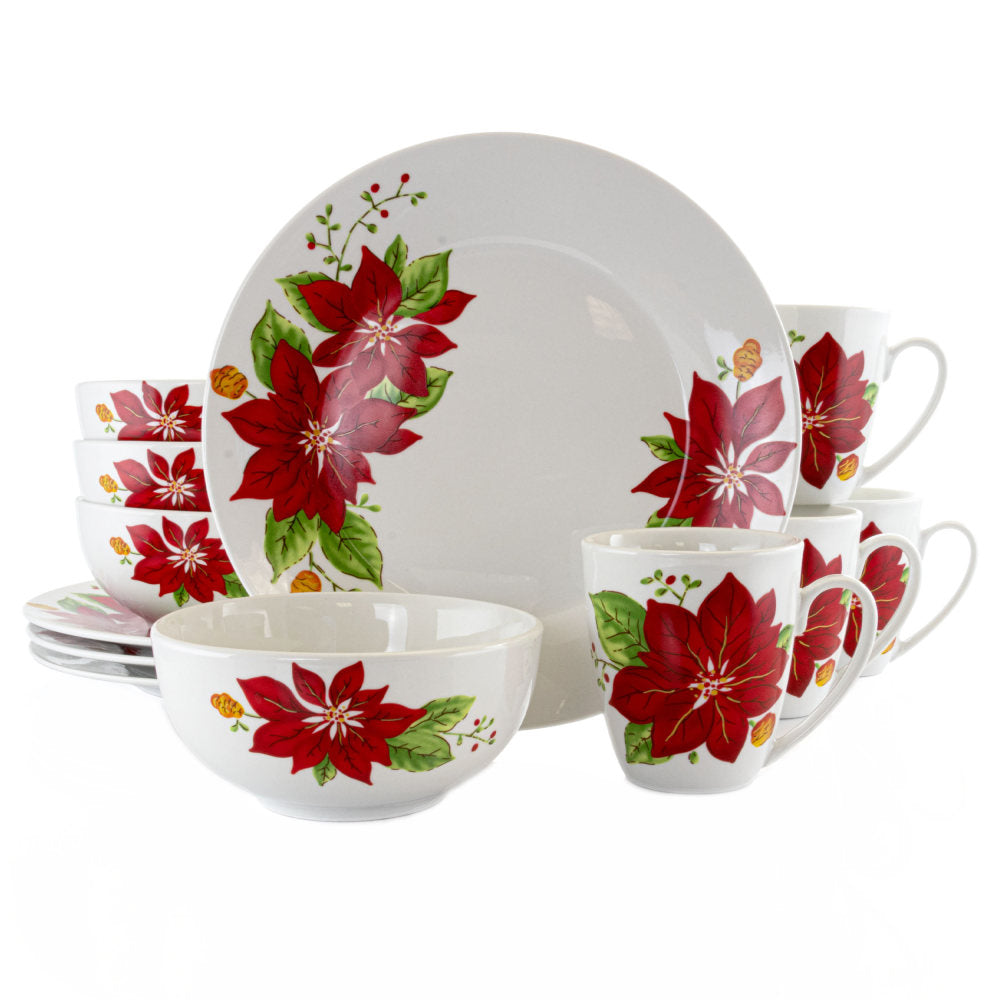 Gibson Holiday Poinsettia 12-Piece Dinnerware Set, White