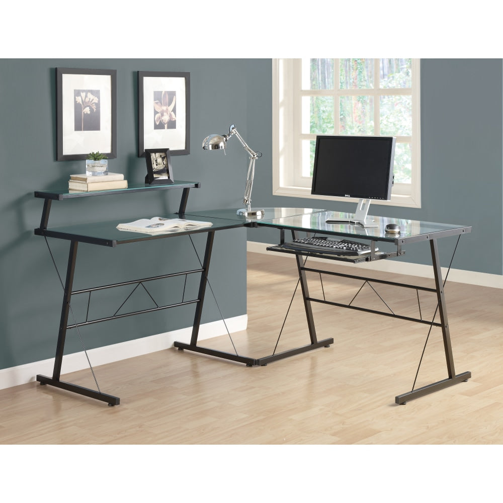 Monarch Specialties 58inW L-Shaped Glass Corner Desk, Clear/Black