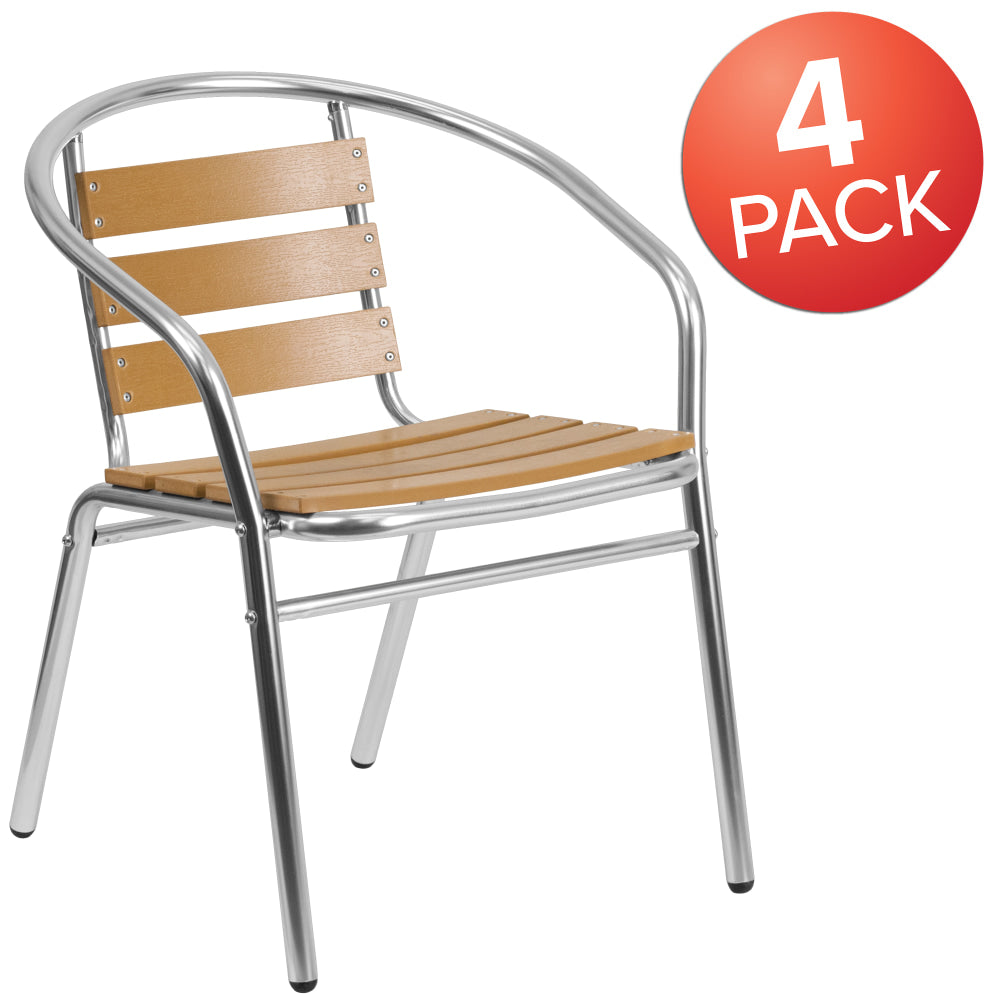 Flash Furniture Lila Aluminum Commercial Indoor/Outdoor Triple-Slat Faux Teak Stack Chairs, Set Of 4 Chairs