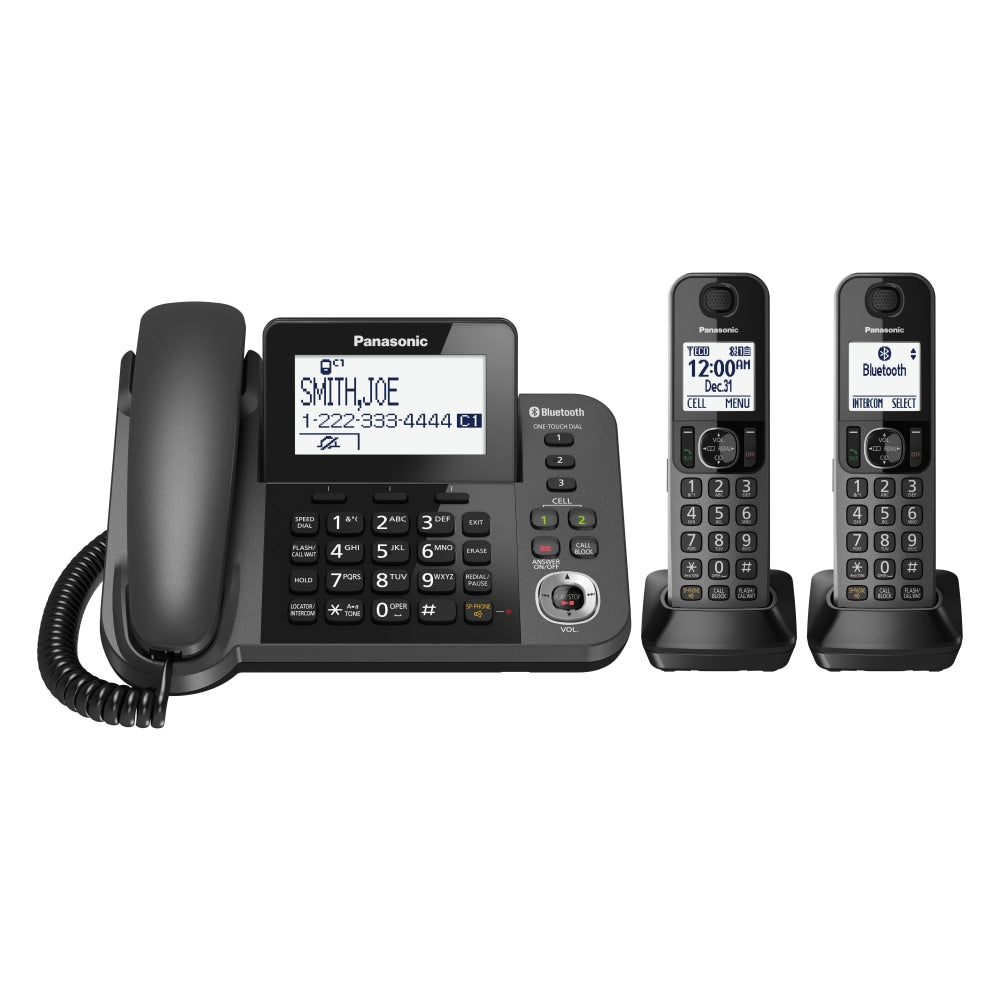 Panasonic Link2Cell Bluetooth DECT 6.0 Phone System And Answering Machine With 1 Corded And 2 Cordless Handsets, KX-TGF382M