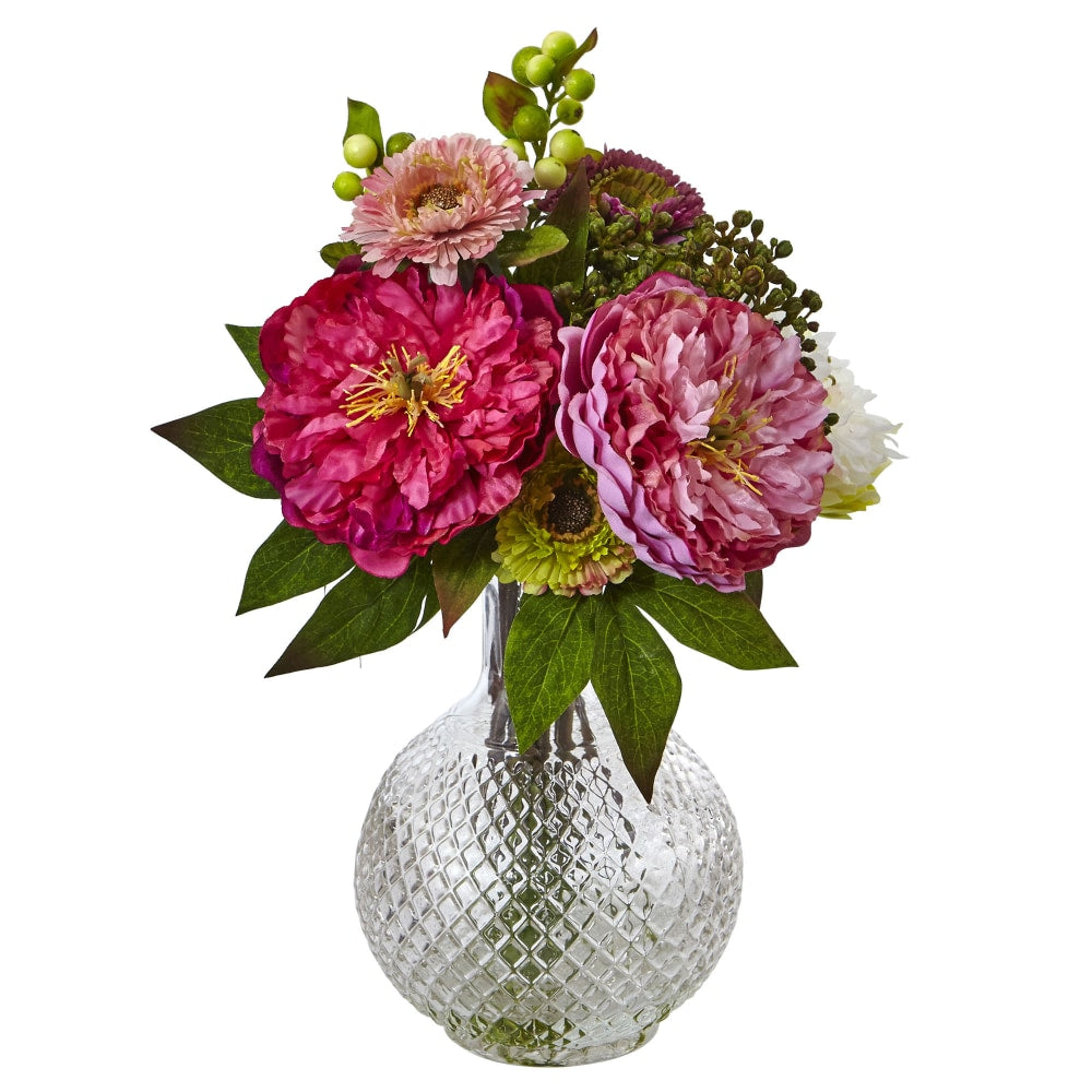 Nearly Natural 14inH Plastic Peony And Mum Arrangement With Glass Vase, Pink